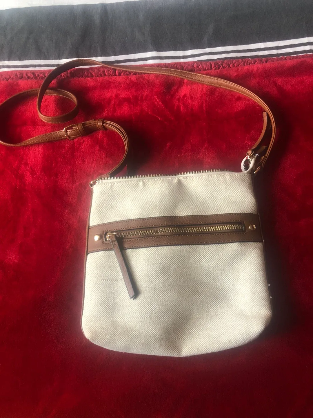 Crossbody Bag - Beige with Brown Trim