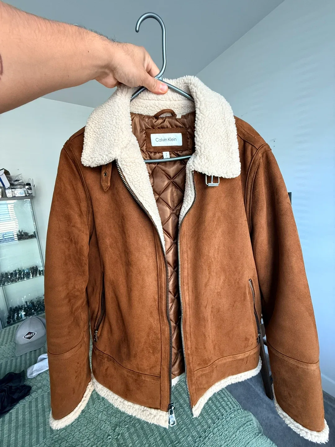 Calvin Klein Brown Faux Suede Sherpa Jacket - Size Small