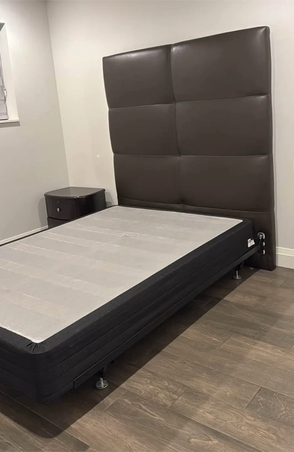 Brown Leather Headboard and Metal Bed Frame