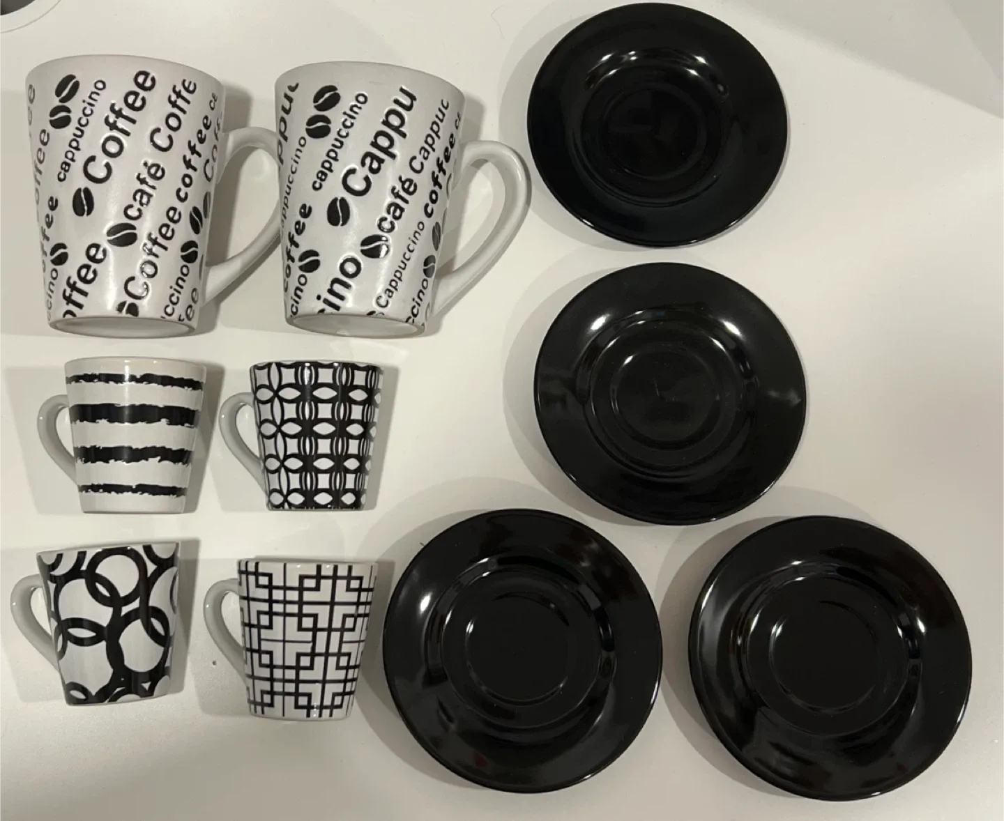 Assorted Coffee Mugs & Black Saucers Set