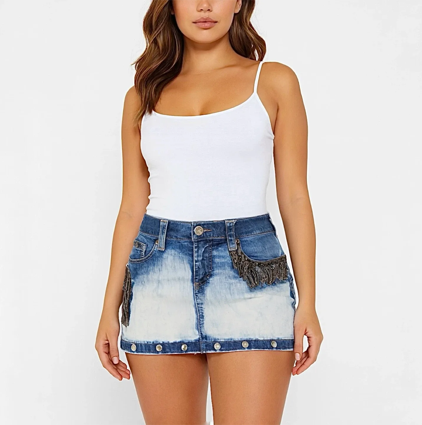 Dishe Denim Vintage Mini Skirt / Distressed Embroidered Skirt