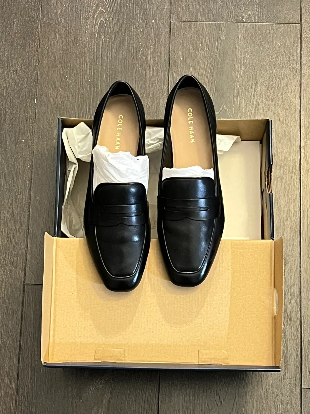 New Cole Haan Black Leather Loafers, Size 8