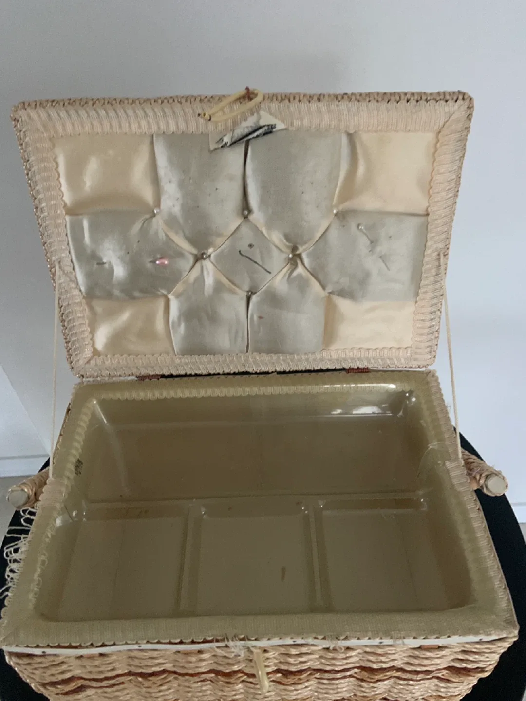 Vintage Wicker Sewing Basket with Floral Top image indicator(4)