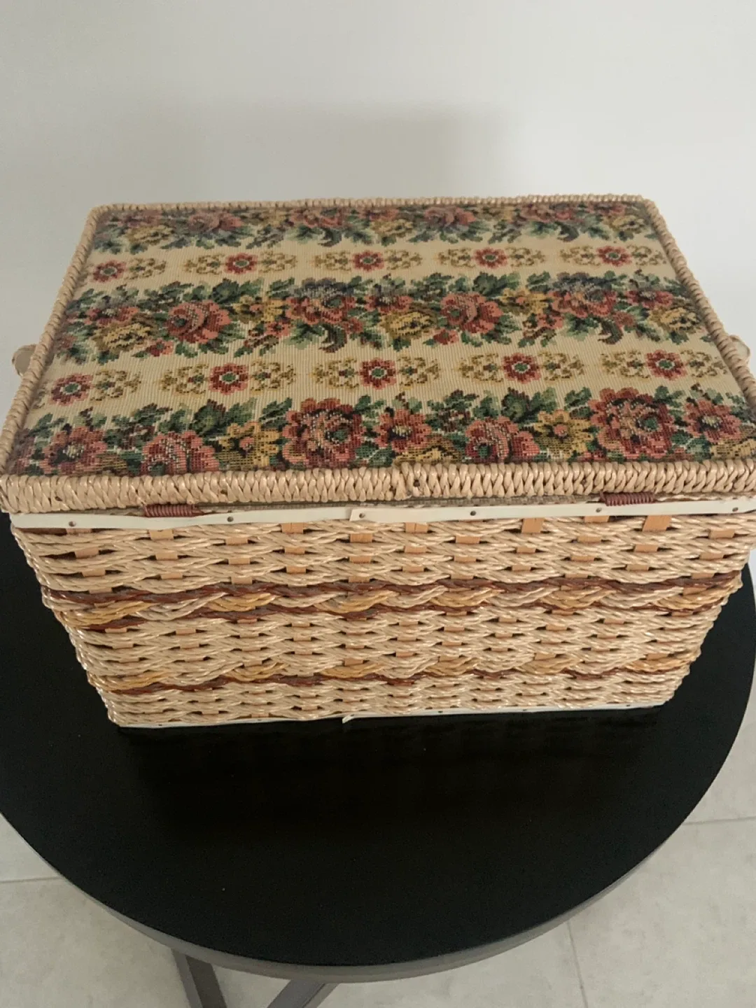 Vintage Wicker Sewing Basket with Floral Top image indicator(2)