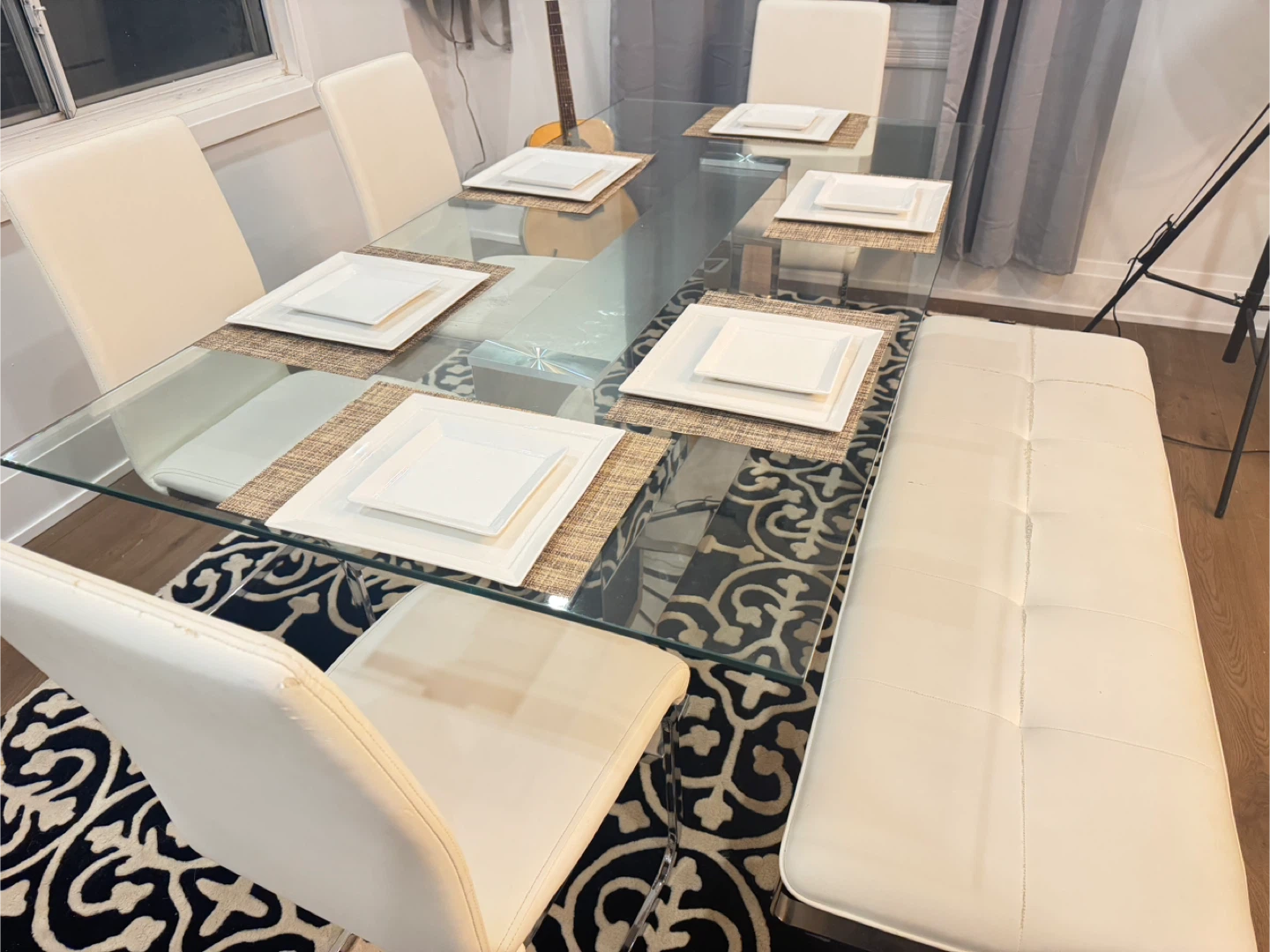 Glass Dining Table Set with 6 Chairs & Bench - photo 3
