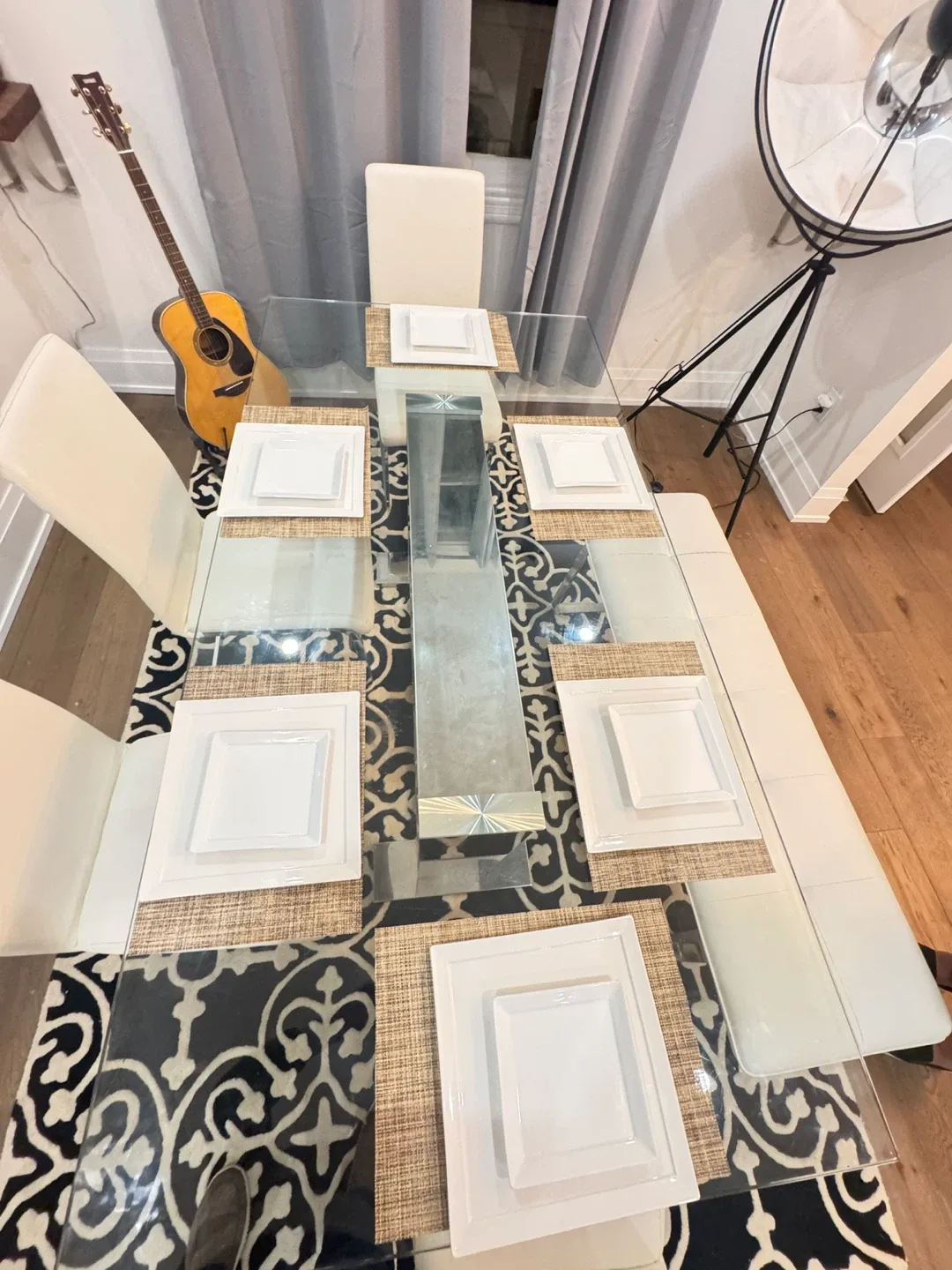 Glass Dining Table Set with 6 Chairs & Bench