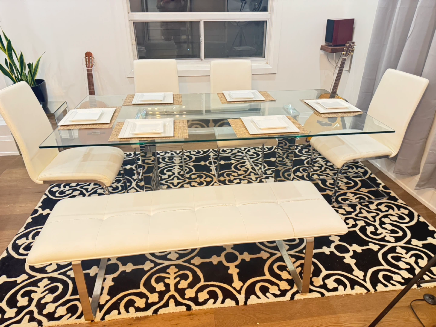 Glass Dining Table Set with 6 Chairs & Bench - photo 4