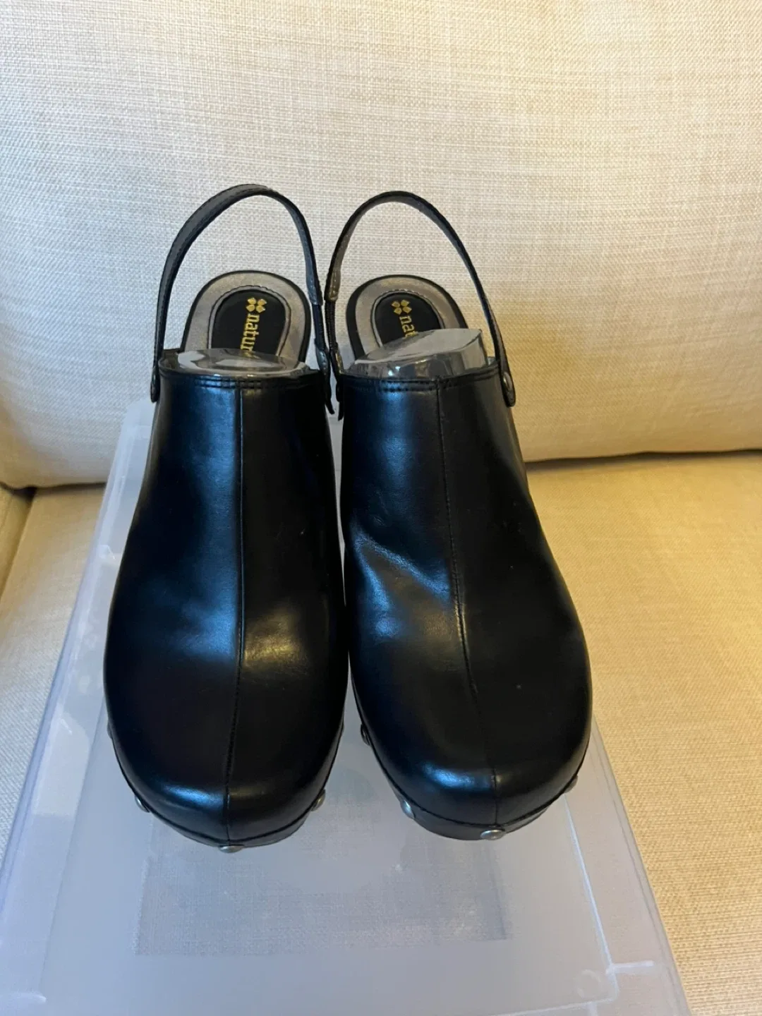 Naturalizer Black Leather Heeled Clogs