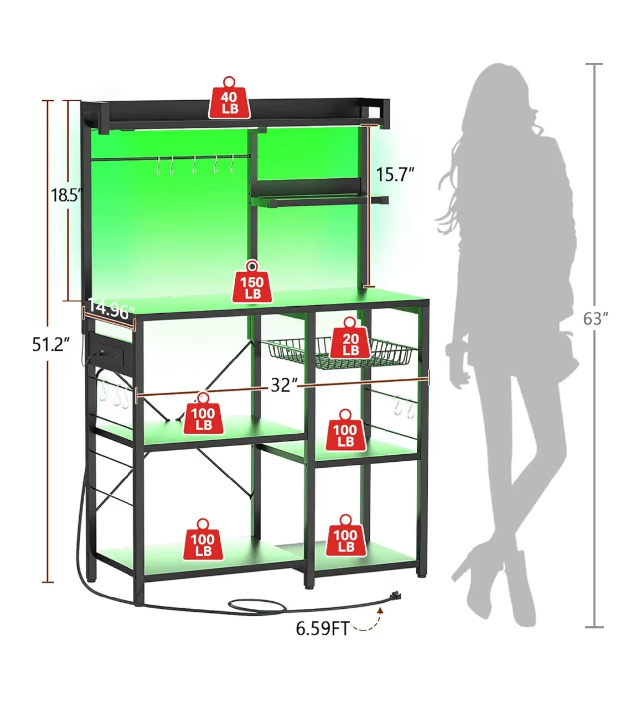 Black Kitchen Baker's Rack with LED Light image indicator(8)