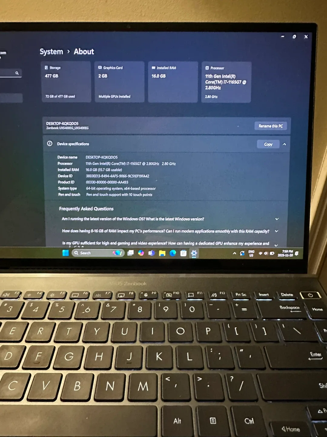 Asus zenbook 14”  16g /500g i7 11 gen 2021 image indicator(4)