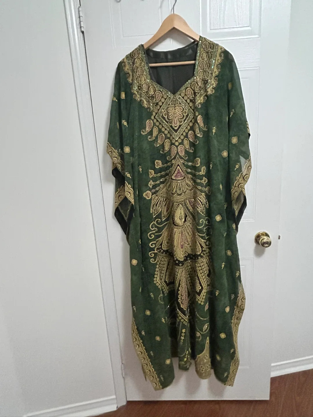 Green & Gold Embellished Kaftan Dress