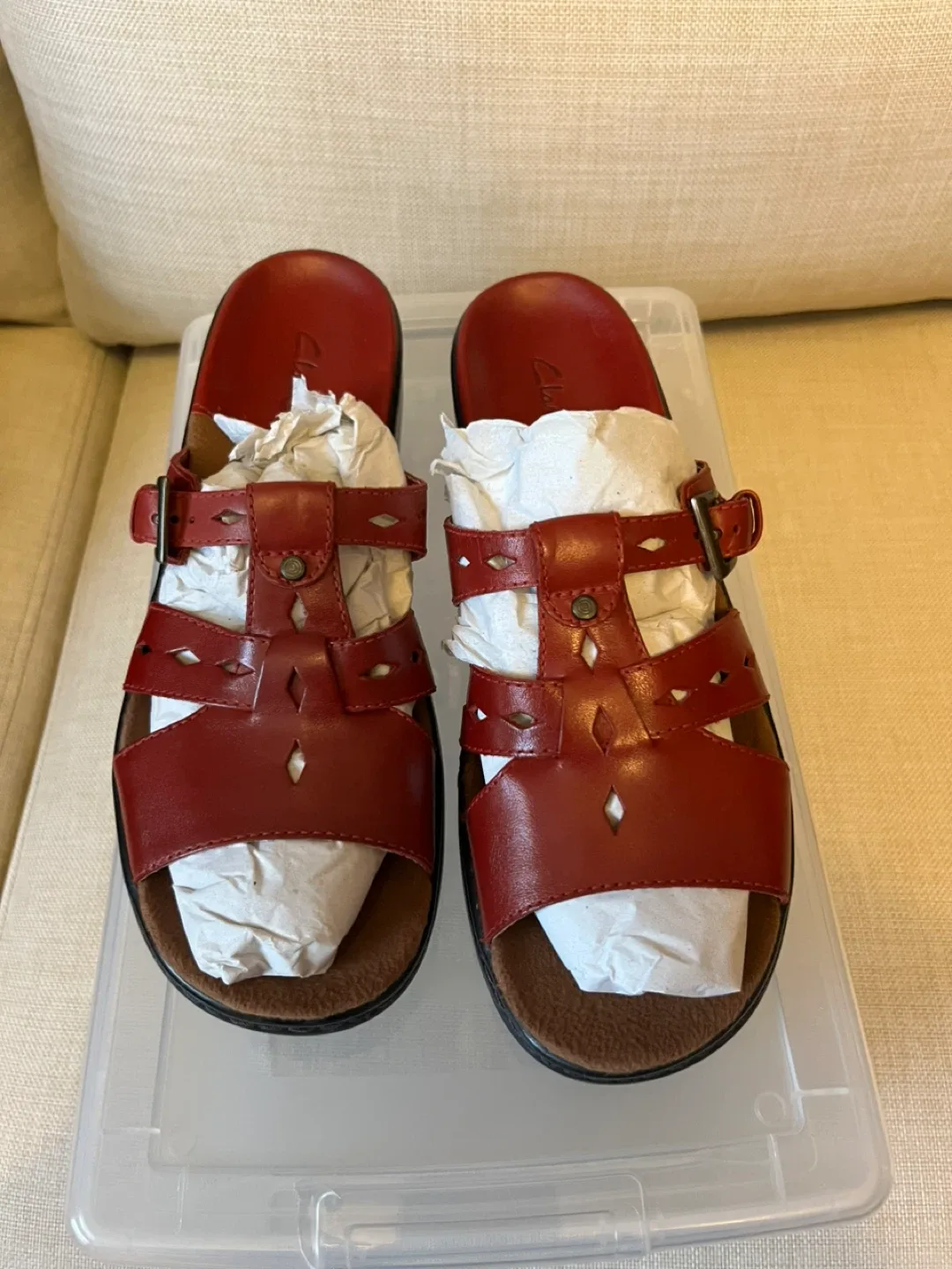 Clarks Red Leather Sandals, Size 8