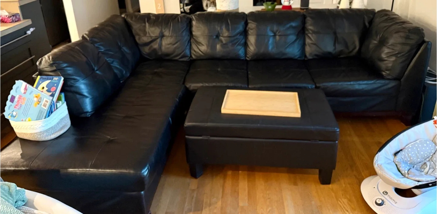 Black Leather Sectional Sofa with Ottoman