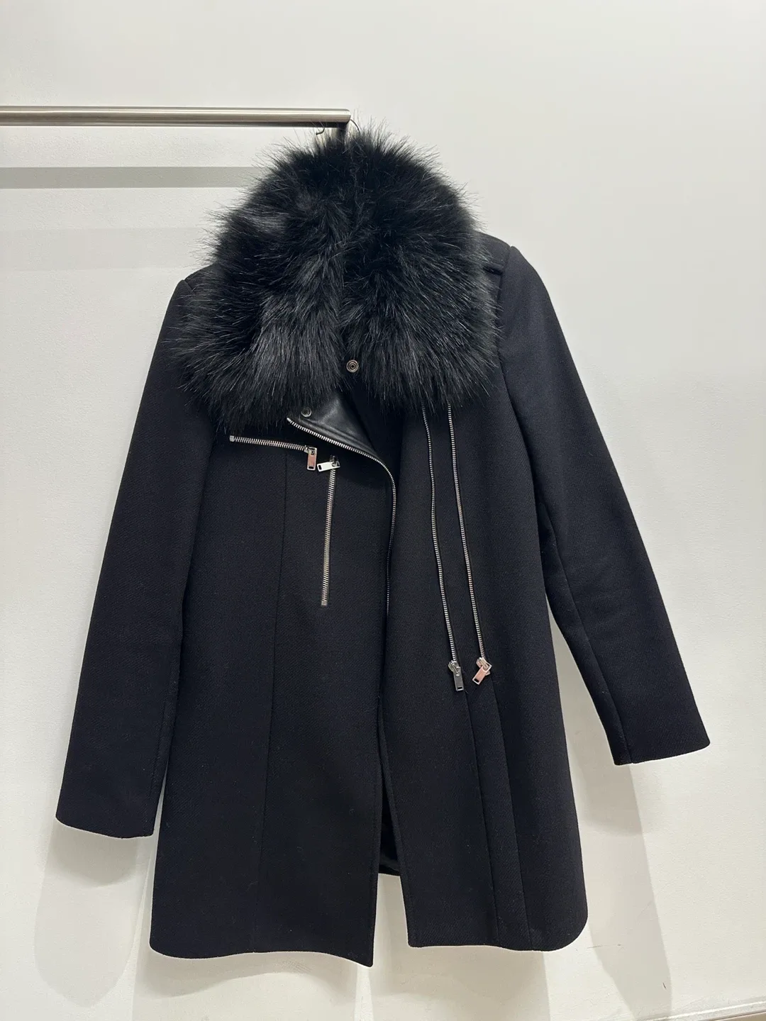 ZARA Black Wool Coat with Fur Collar -Size S