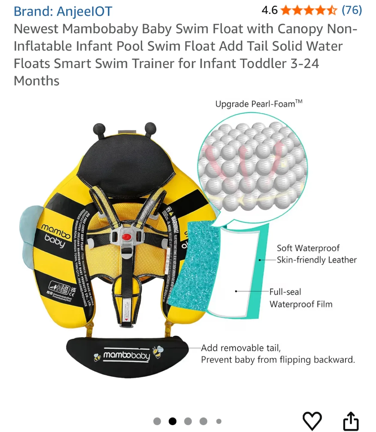 Mambobaby Swim Float - Honey Bee Yellow image indicator(5)