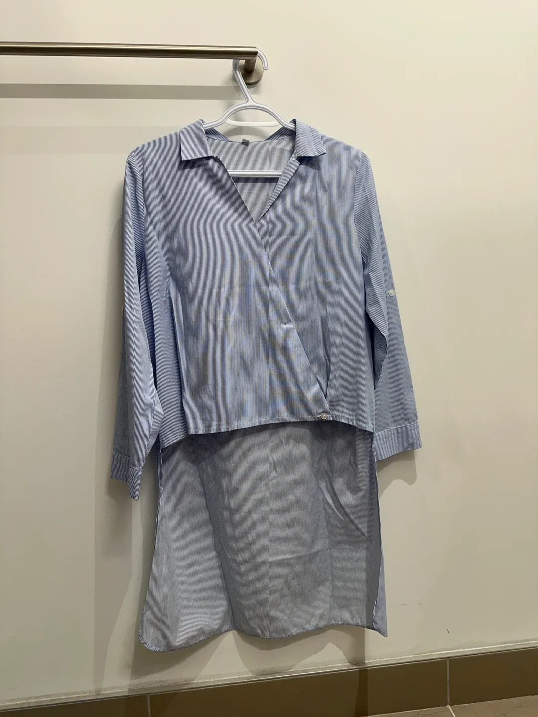 Striped Long Sleeve Shirt Dress - Free Size