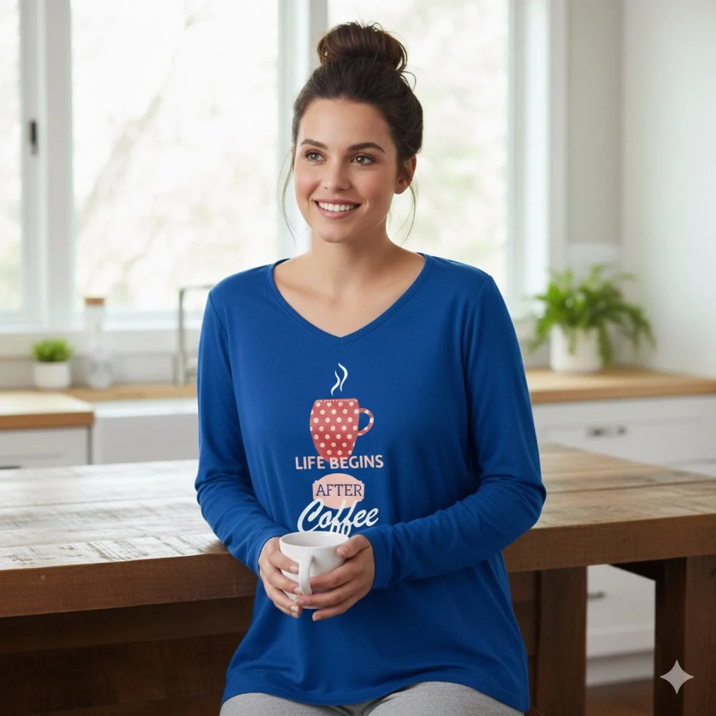 Reitmans Life Begins After Coffee Blue V Neck PJ Top Size XXL