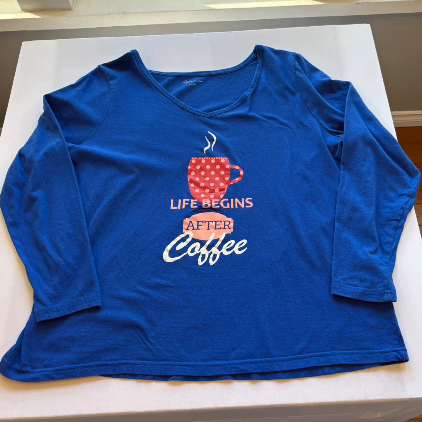 Reitmans Life Begins After Coffee Blue V Neck PJ Top Size XXL image indicator(6)