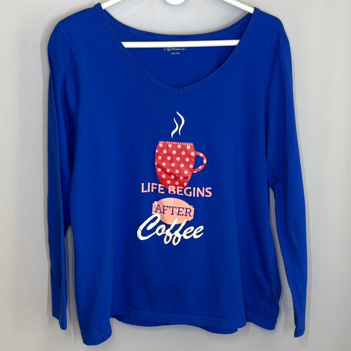 Reitmans Life Begins After Coffee Blue V Neck PJ Top Size XXL image indicator(2)