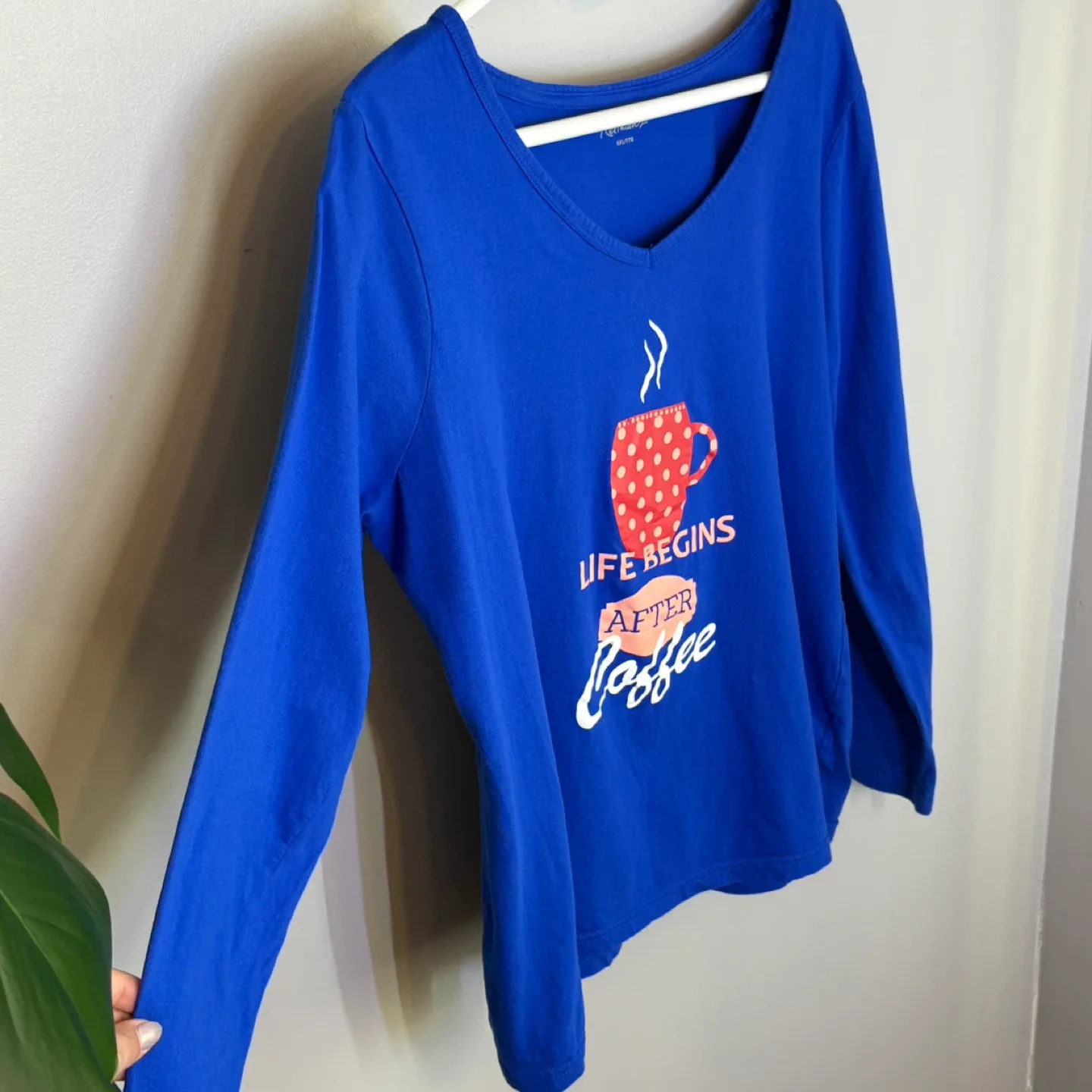 Reitmans Life Begins After Coffee Blue V Neck PJ Top Size XXL image indicator(4)