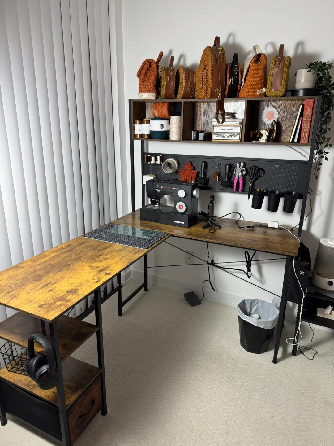 L shaped Desk with Shelves and pegboard
