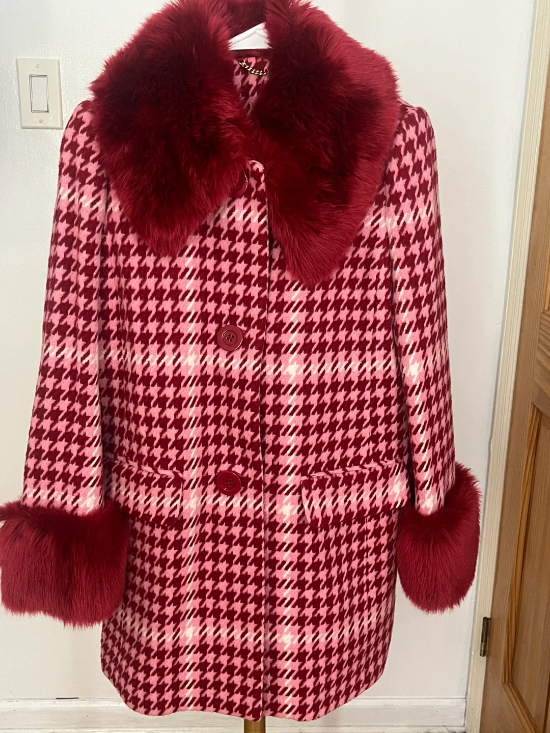 Pink Kade Spade Houndstooth Coat with Faux Fur Trim XS