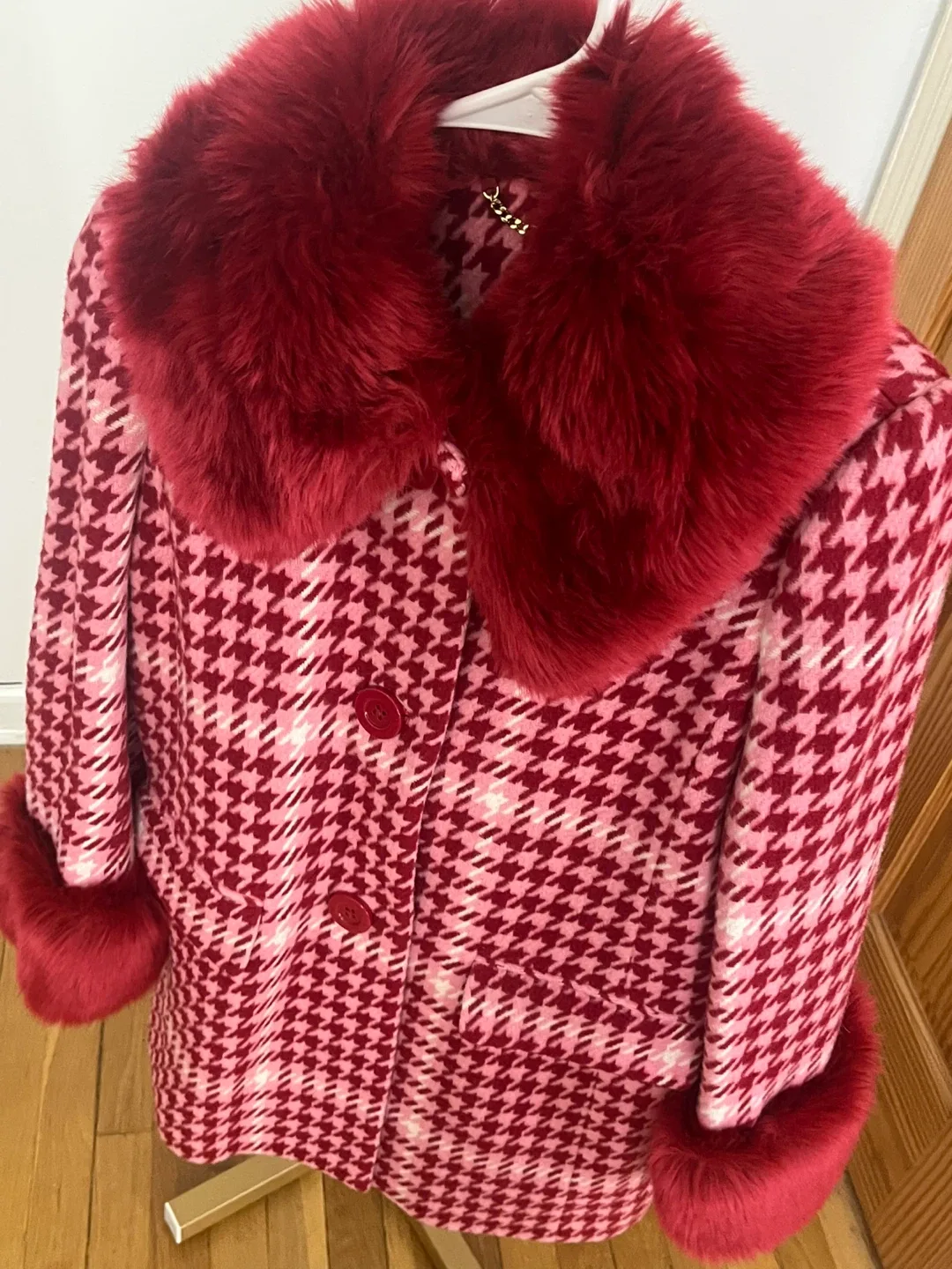 Pink Kade Spade Houndstooth Coat with Faux Fur Trim XS image indicator(3)