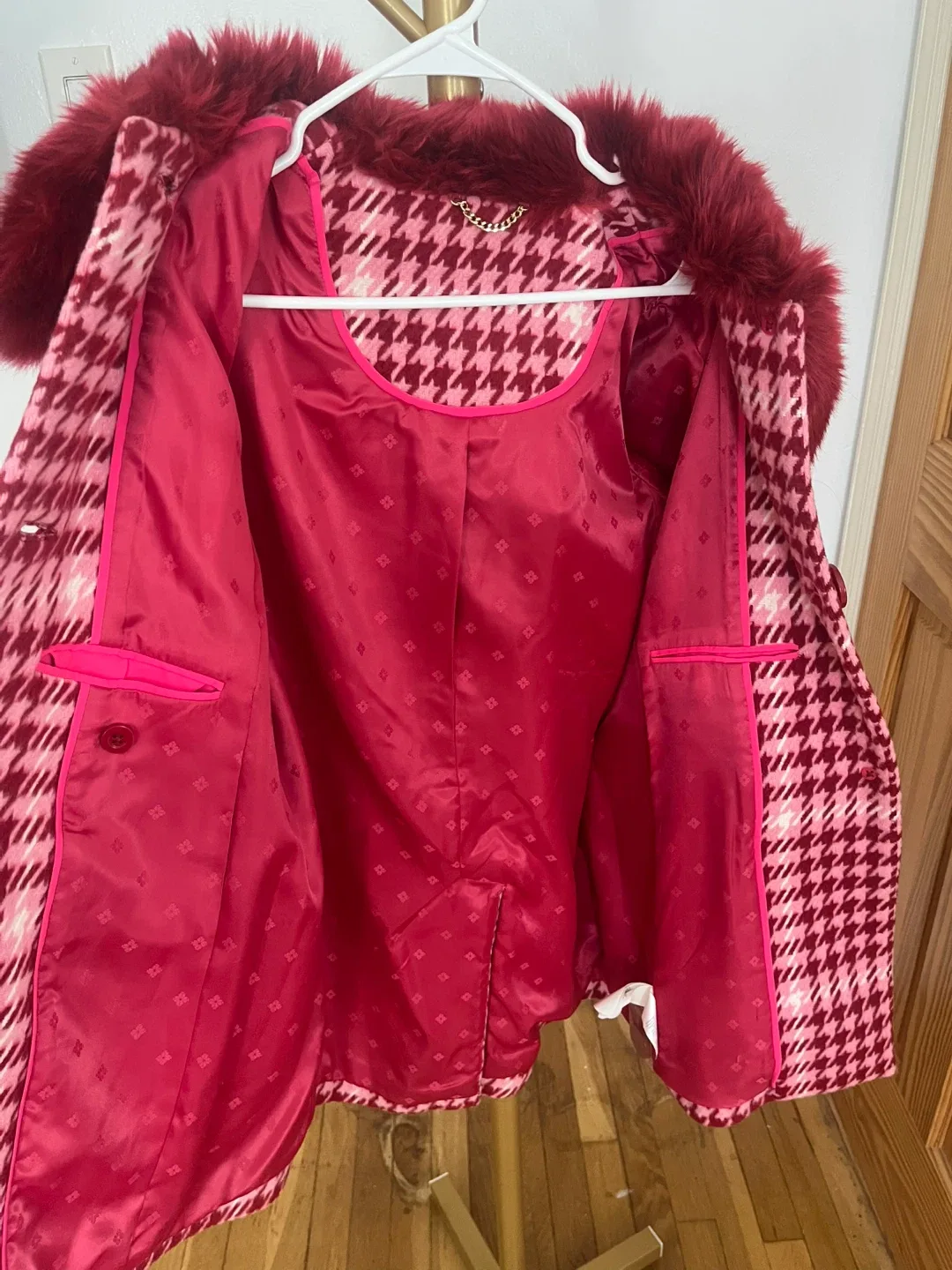 Pink Kade Spade Houndstooth Coat with Faux Fur Trim XS image indicator(4)