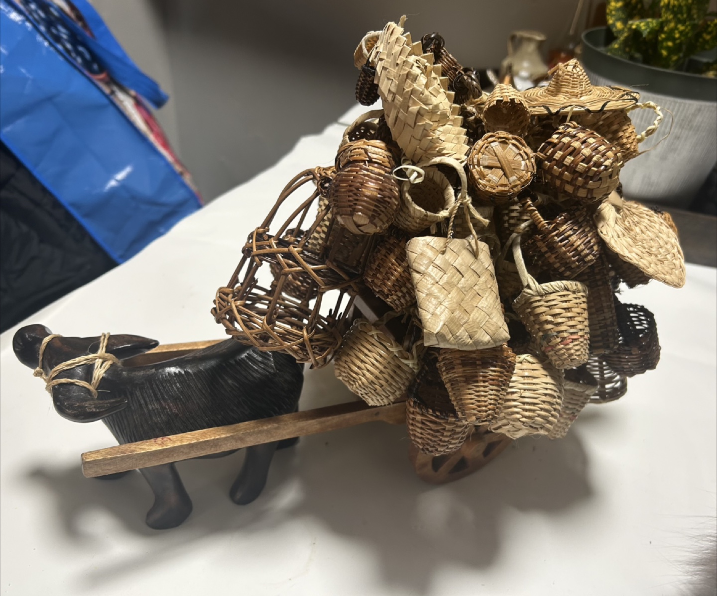 Woven Basket Cart with Ox Figurine