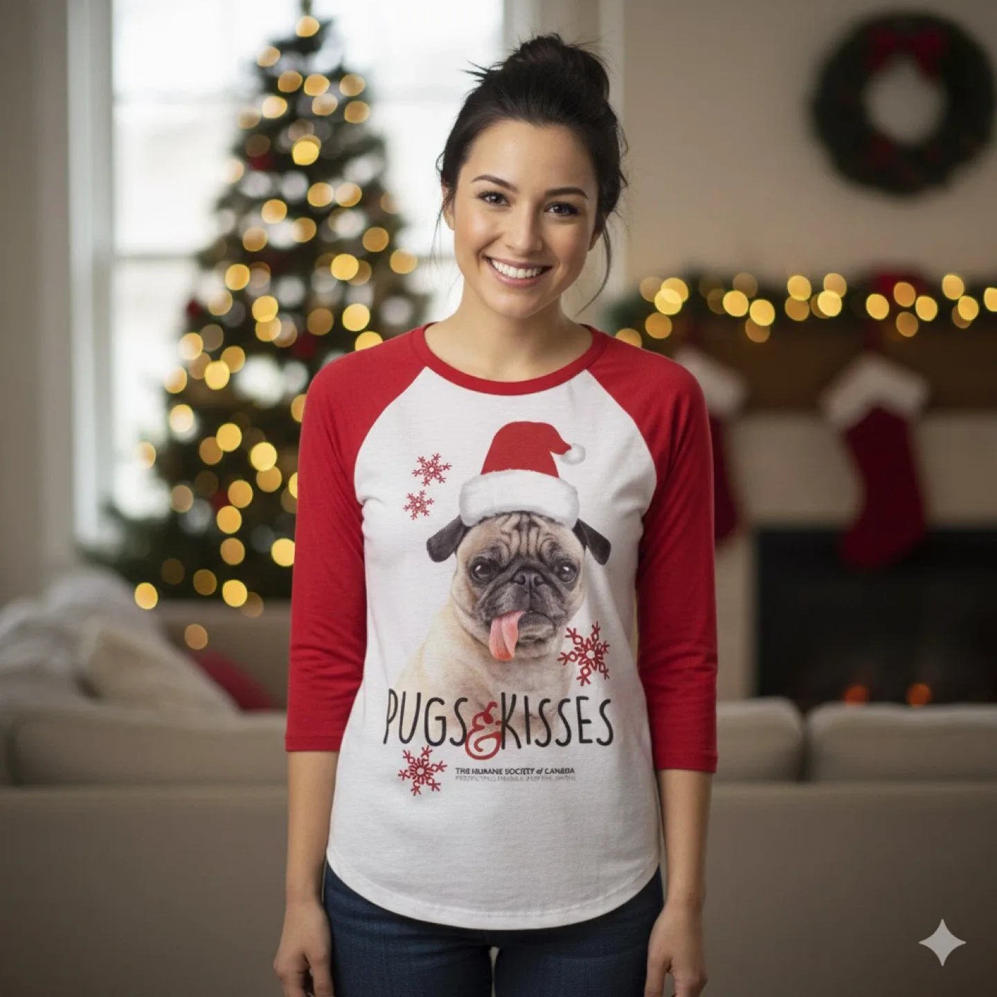 Humane Society Canada Pugs Kisses Christmas Raglan Sleeve Shirt