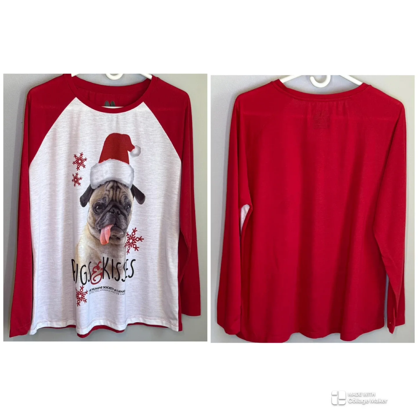 Humane Society Canada Pugs Kisses Christmas Raglan Sleeve Shirt image indicator(2)
