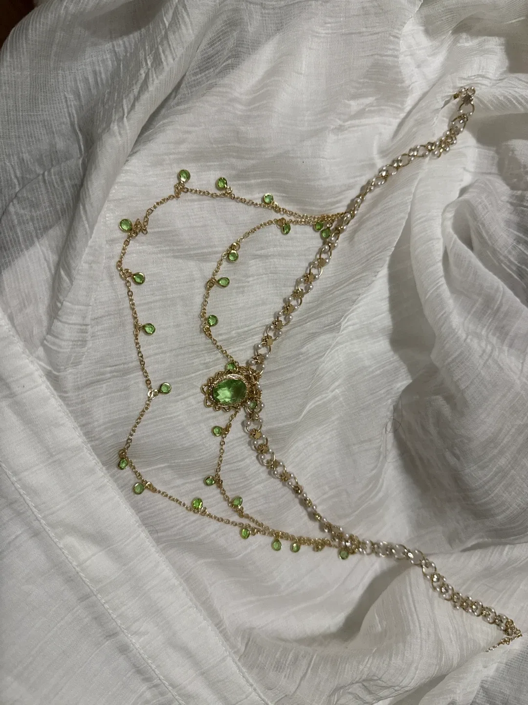 Green Gemstone & Pearl Gold-Tone Necklace