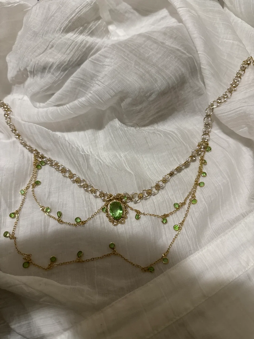 Green Gemstone & Pearl Gold-Tone Necklace image indicator(2)
