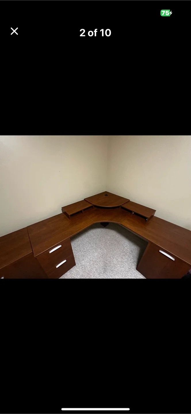 Large Brown Wooden Office Desk with Hutch