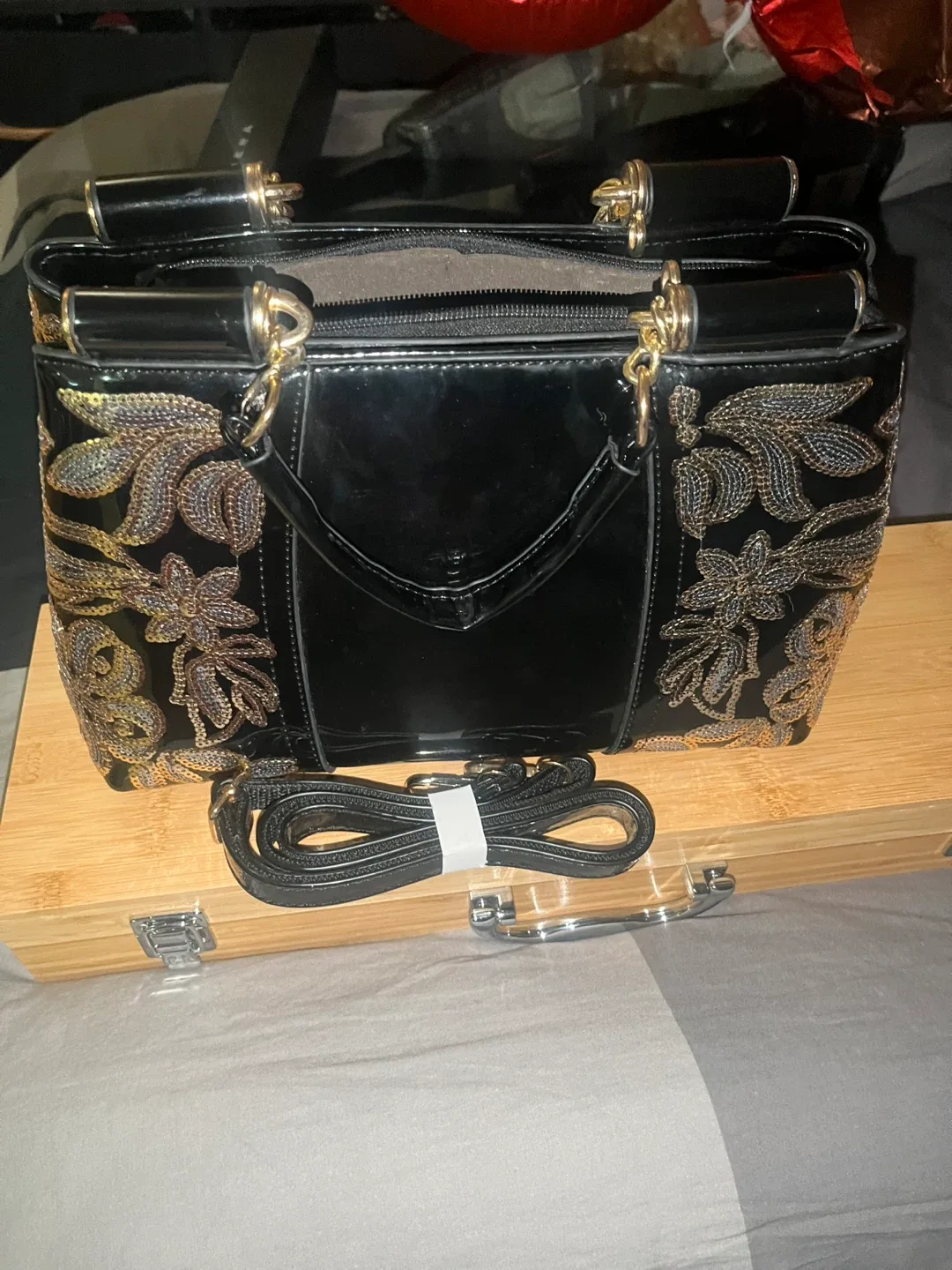 Black Floral Embroidered Handbag