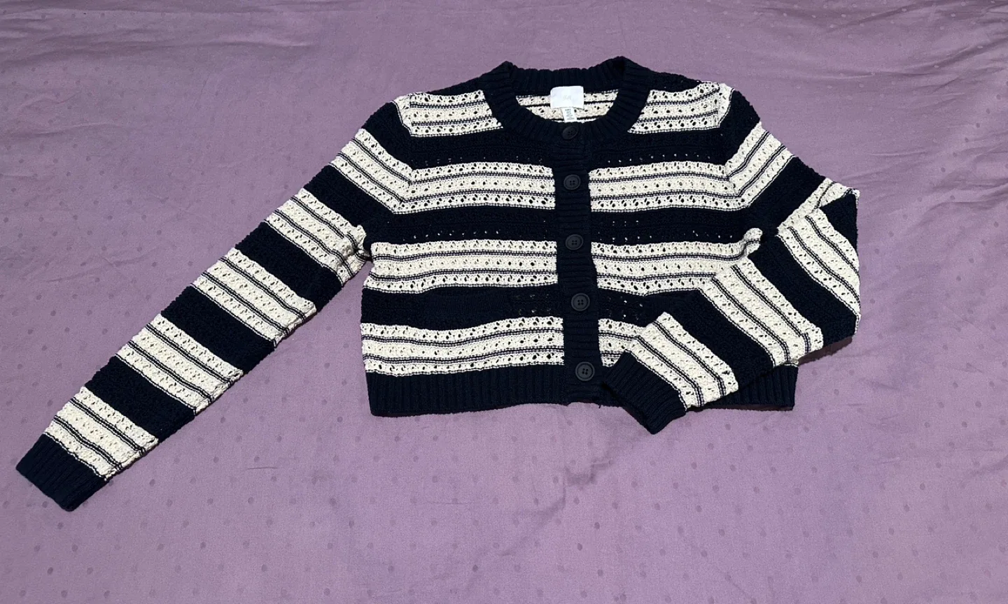 H&M Navy & Cream Striped Knit Cardigan - Size S image indicator(2)