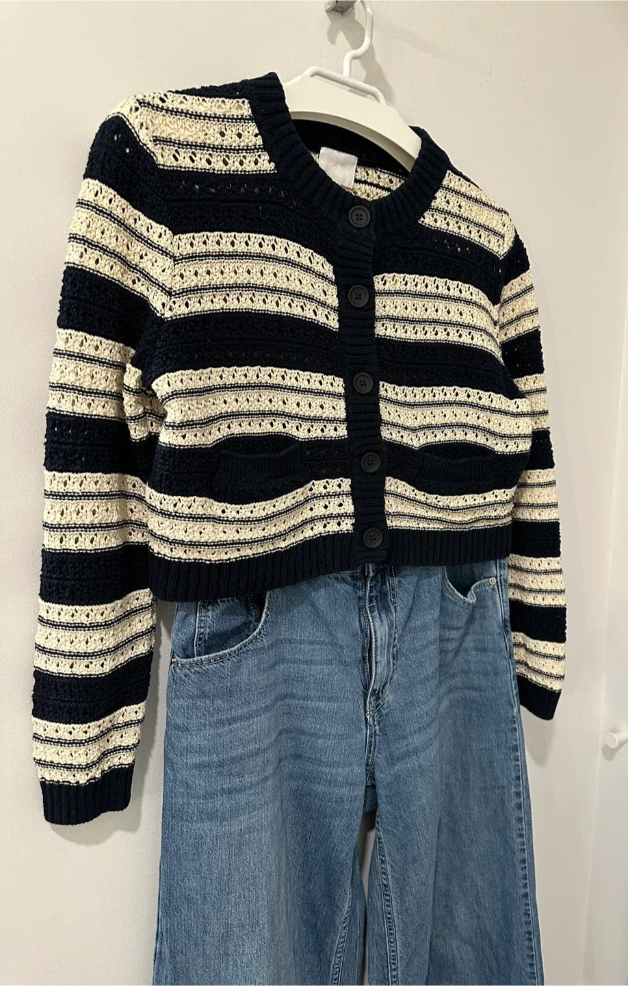 H&M Navy & Cream Striped Knit Cardigan - Size S