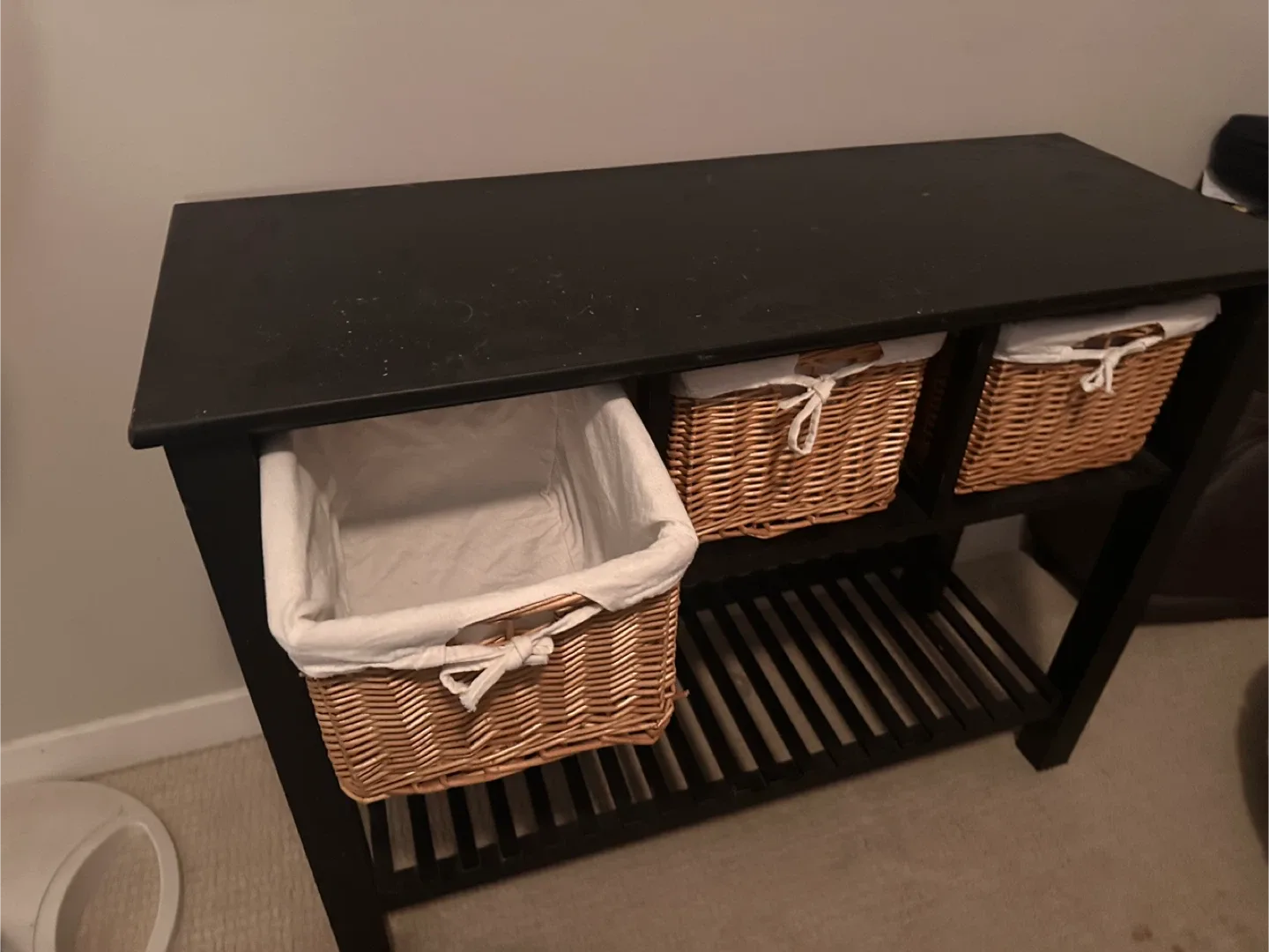 Black Shelf Unit with Wicker Baskets image indicator(2)