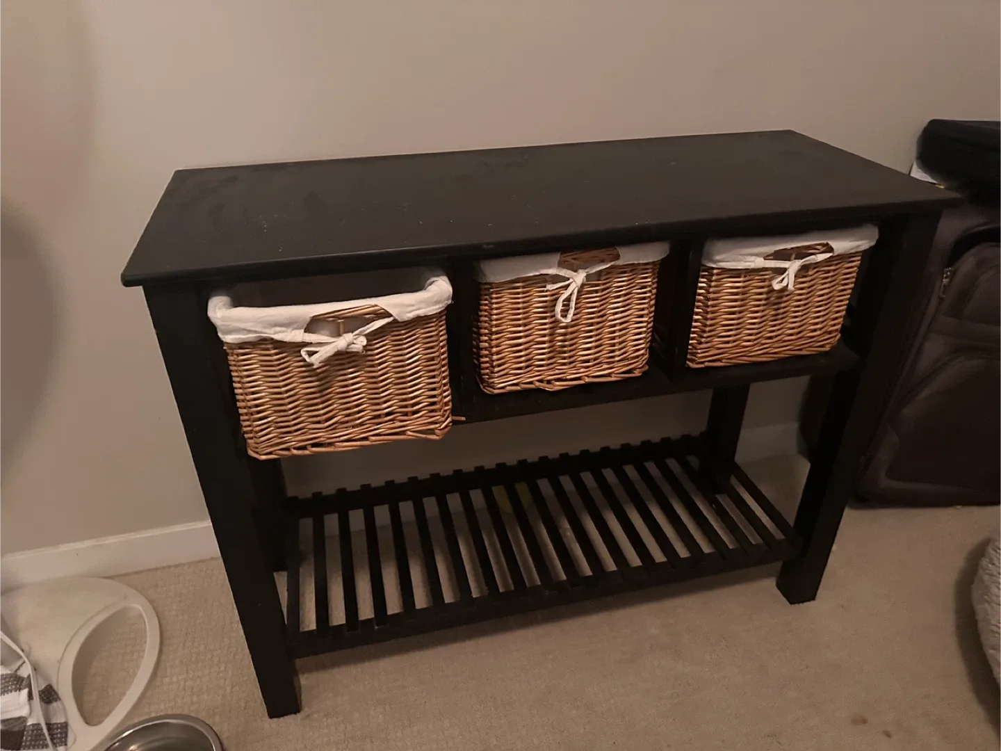Black Shelf Unit with Wicker Baskets