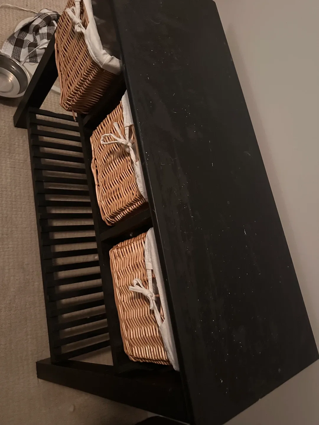 Black Shelf Unit with Wicker Baskets image indicator(4)