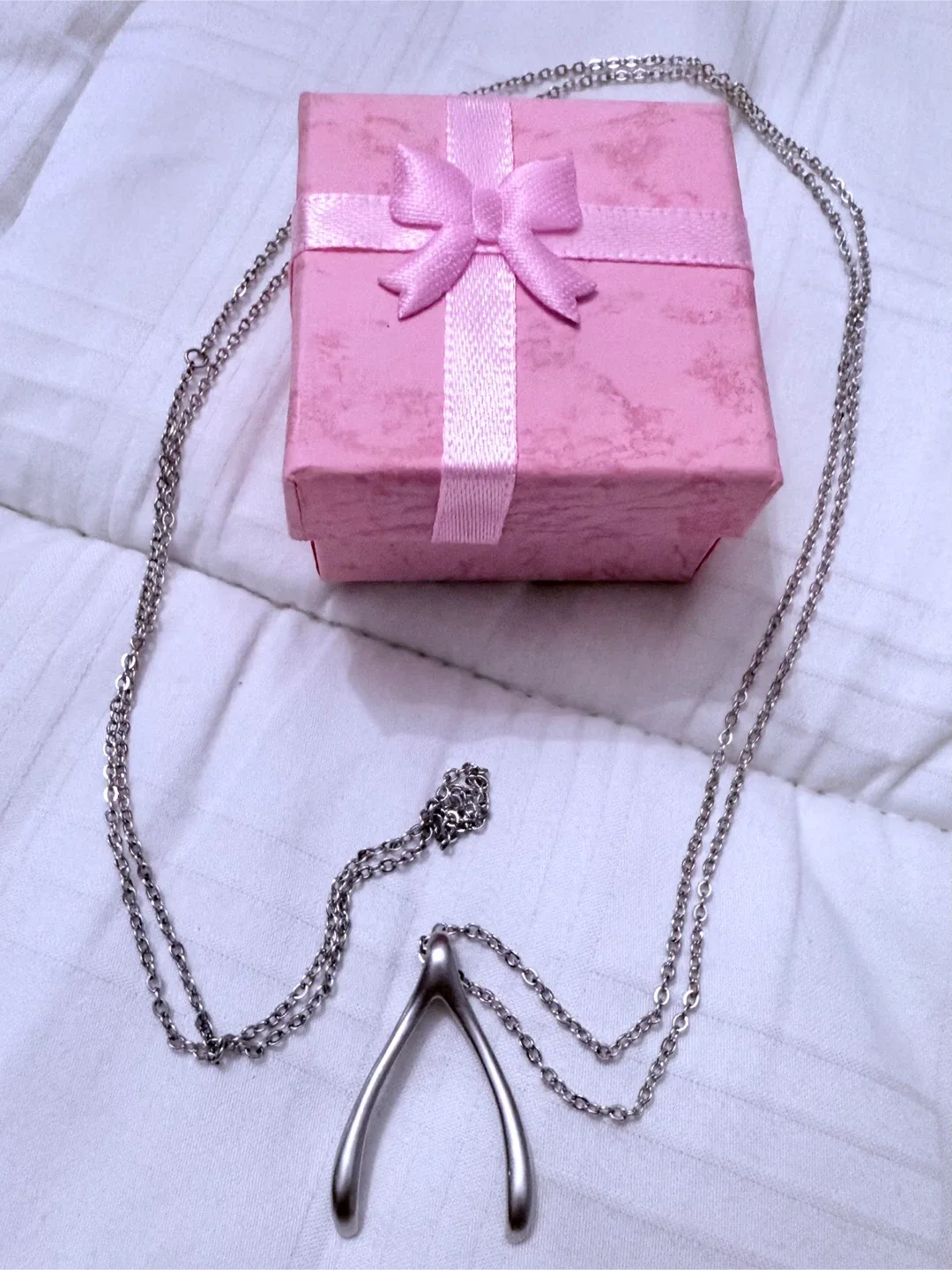 Silver Wishbone Pendant Necklace with Box