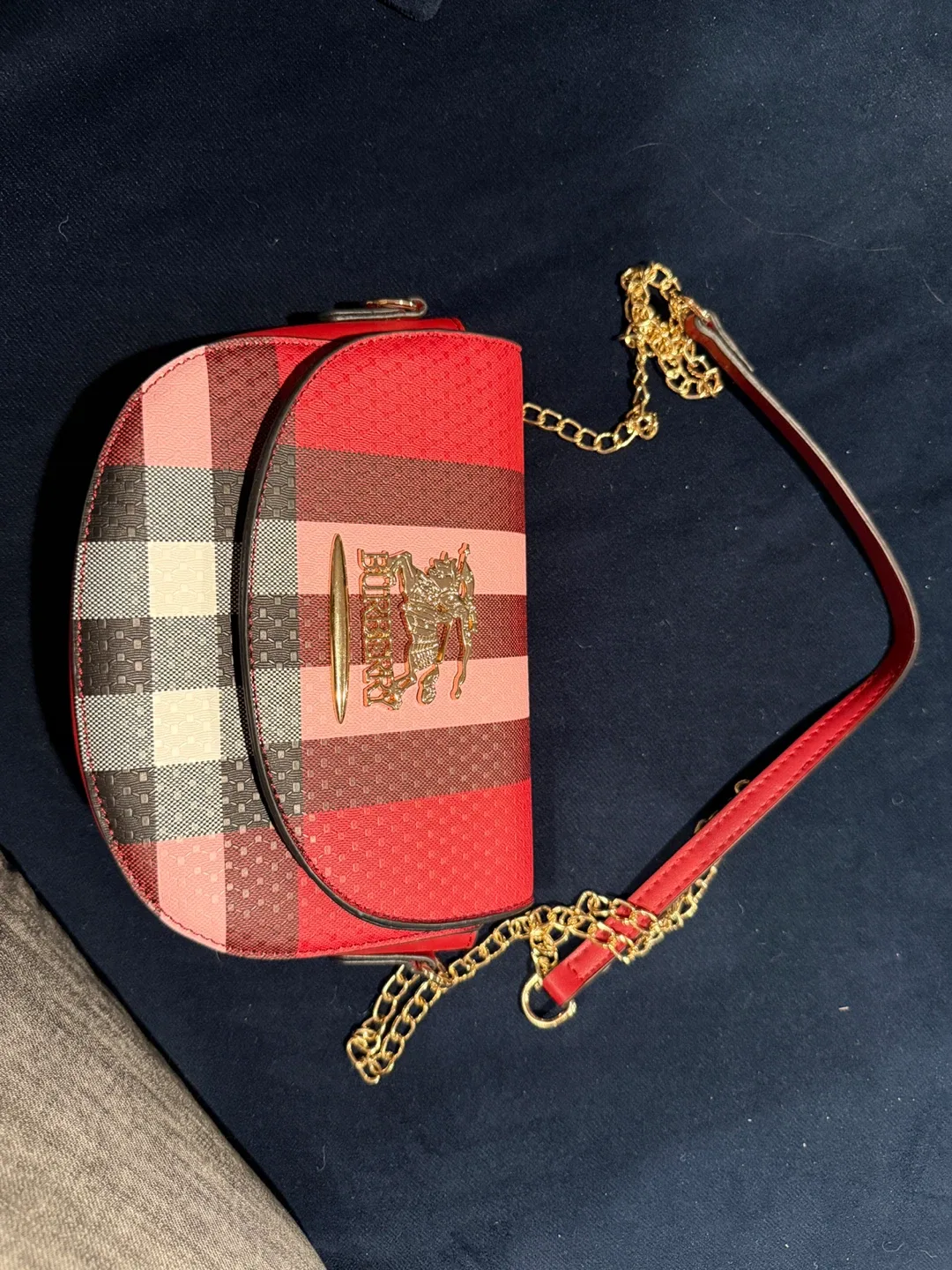 Red Plaid Crossbody Bag with Chain Strap