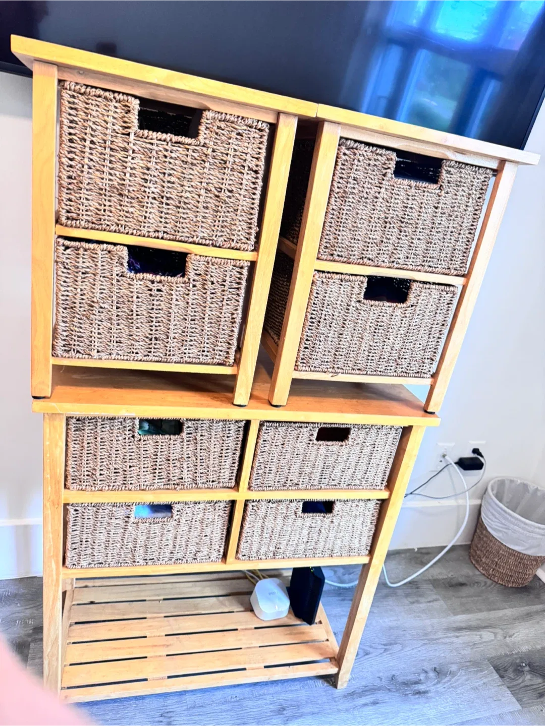 Wooden Side Table with Wicker Baskets
