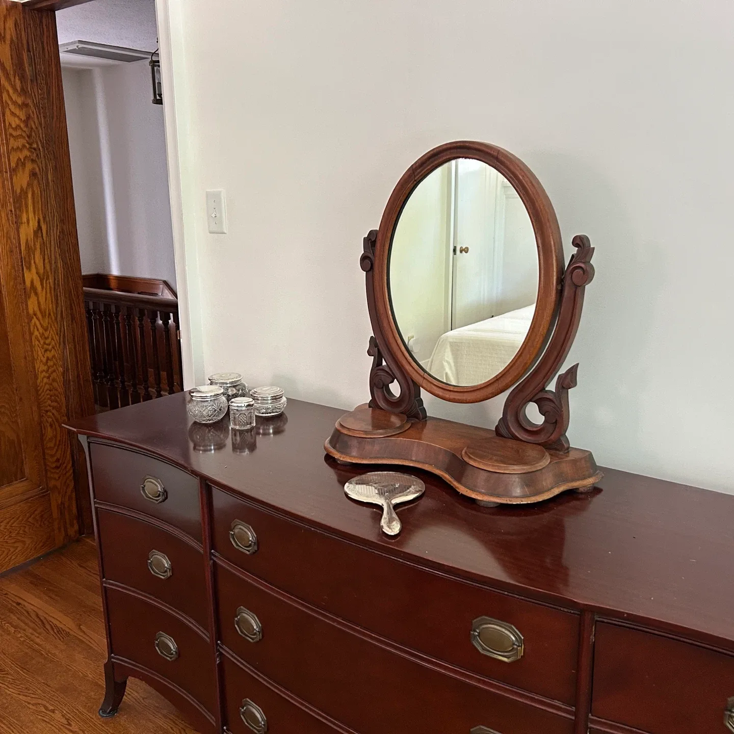 Antique Wooden Vanity Dresser with Oval Mirror