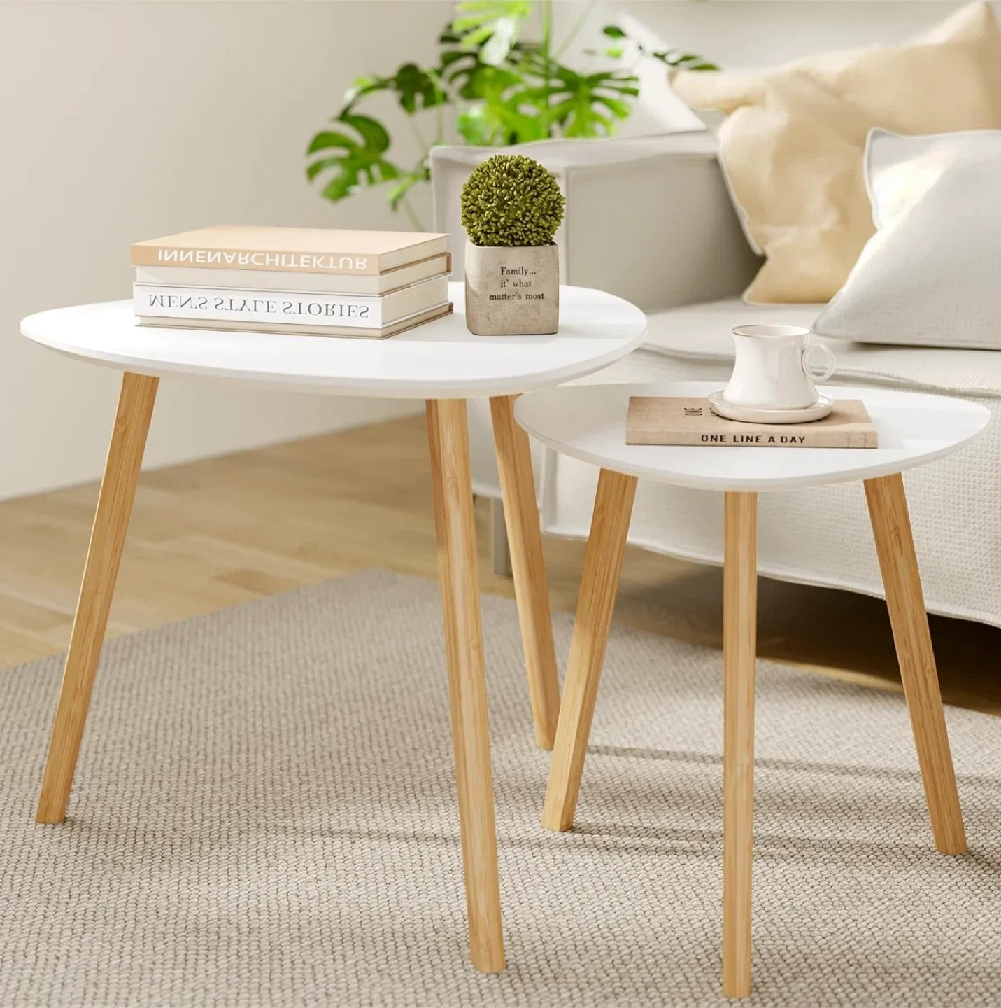 Bameos bamboo triangular Set of 2 White Nesting Side Tables image indicator(4)
