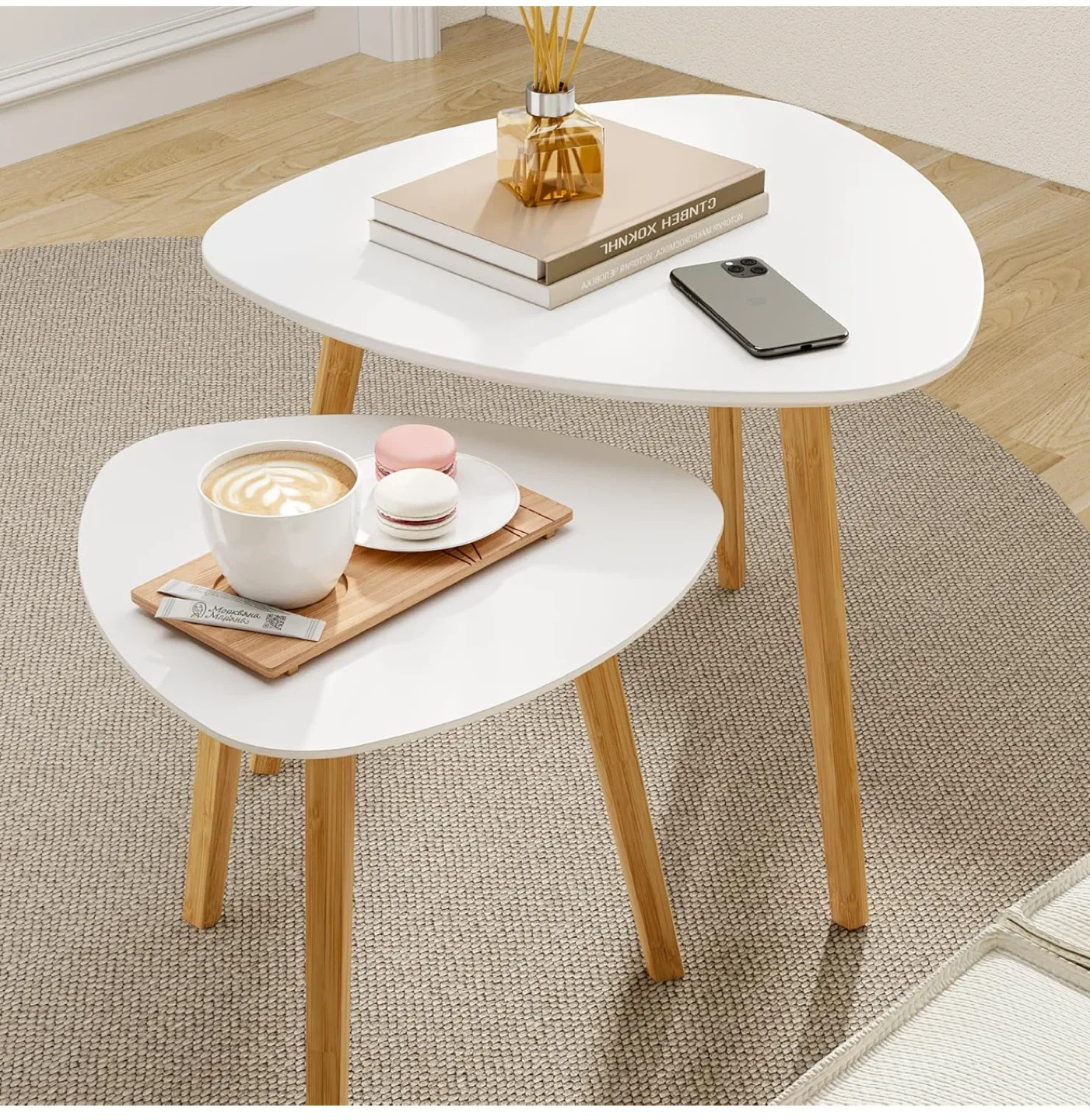 Bameos bamboo triangular Set of 2 White Nesting Side Tables image indicator(2)