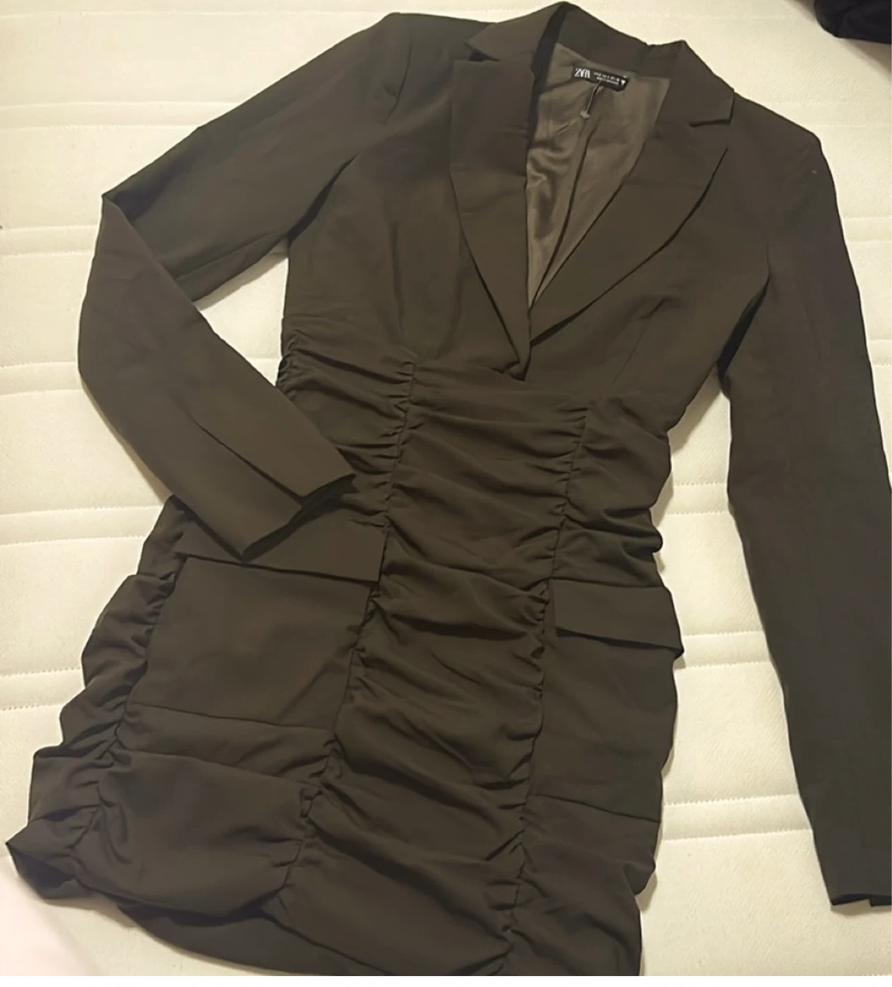 Zara Olive Green Ruched Blazer Dress - Size S - photo 2