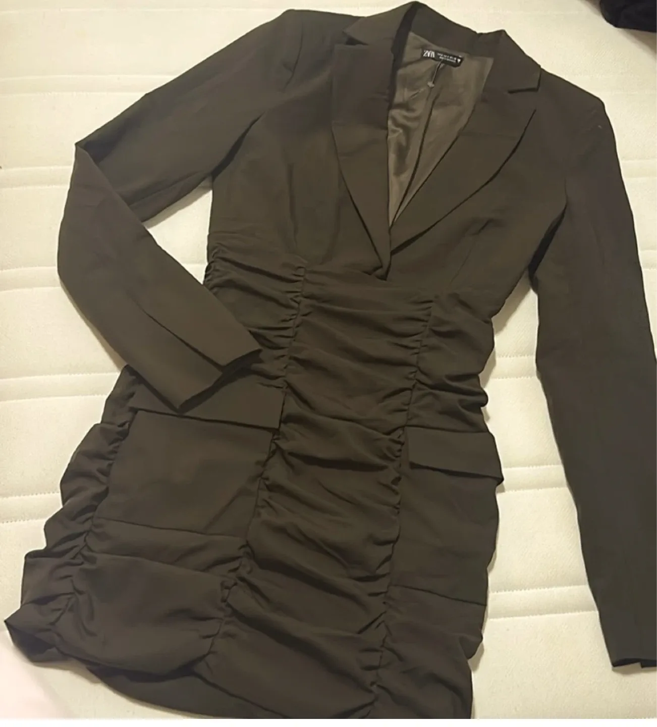 Zara Olive Green Ruched Blazer Dress - Size S image indicator(2)