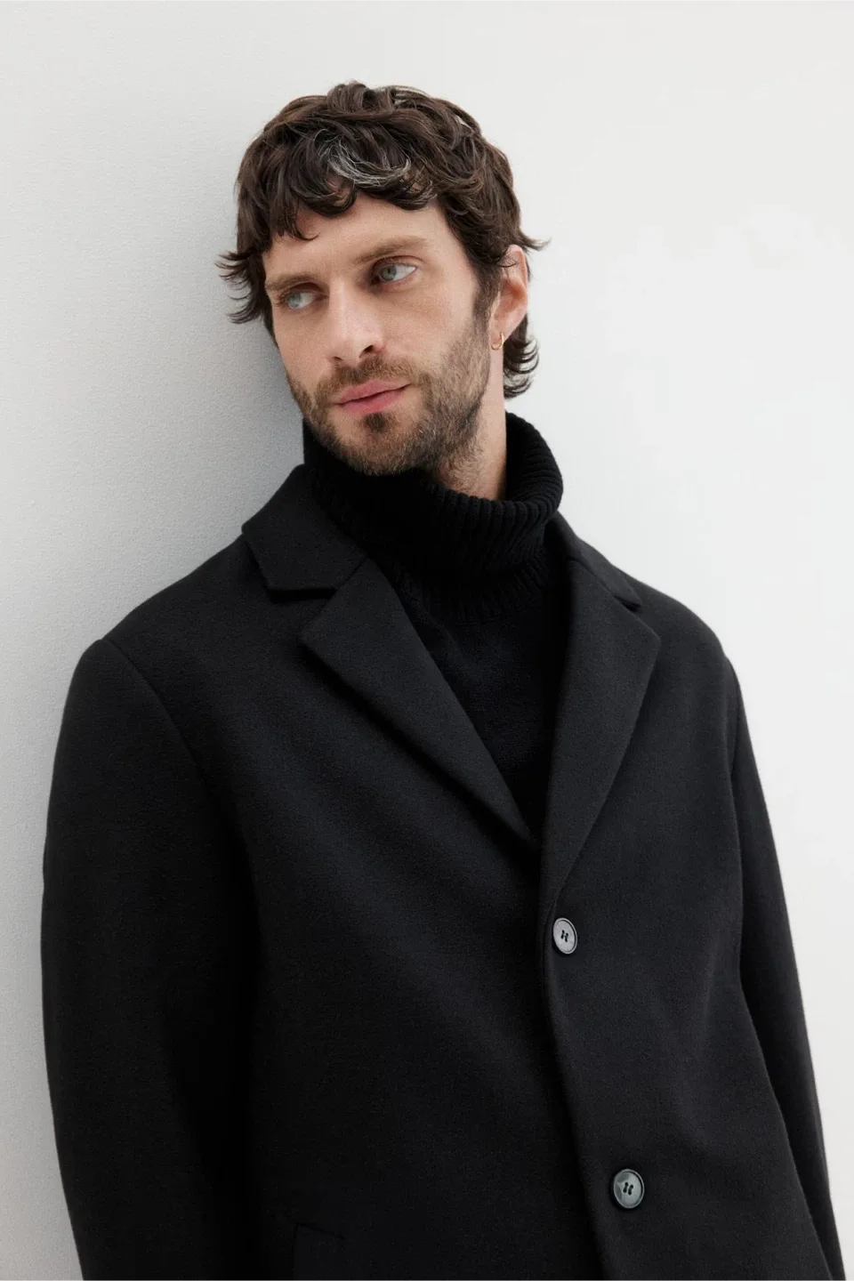 Men's Black Wool Blend Single Breasted Overcoat(Size:44R) image indicator(4)