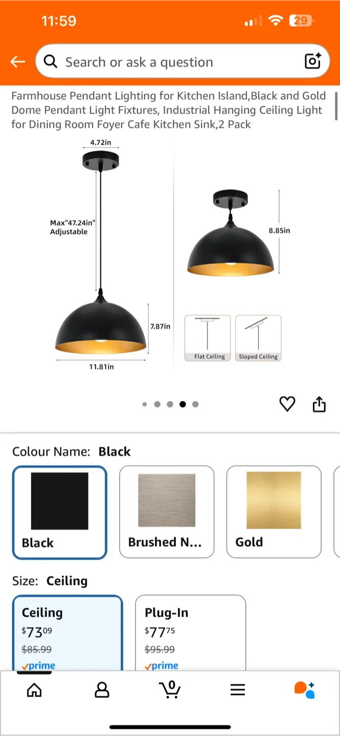 Black & Gold Dome Pendant Light Fixtures, 2 Pack image indicator(4)